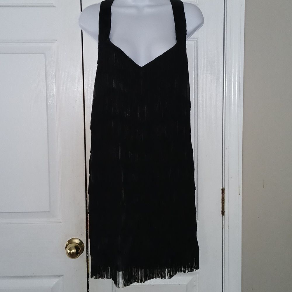 Delicious black classic flapper 20's dress fringe all over sleeveless Sz L-XL